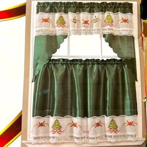 3PC Christmas Tree Crochet Trim Kitchen Curtain Set
